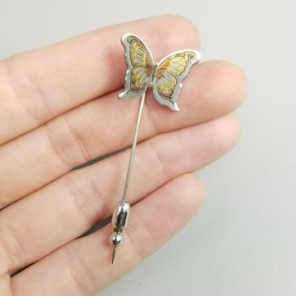 Vintage Reed & Barton Damascene Butterfly Stick Pin, Silver Tone Mixed Metal - Picture 8 of 9